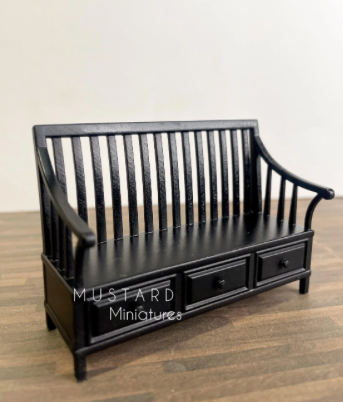 Dollhouse Miniature Black Bench, Farmhouse Bench with drawers, 1:24 Scale