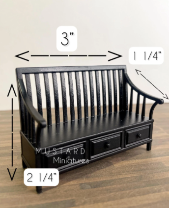 Dollhouse Miniature Black Bench, Farmhouse Bench with drawers, 1:24 Scale
