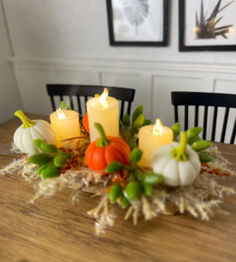Fall Dollhouse Table Centerpiece with Lights, Miniature Thanksgiving Decor