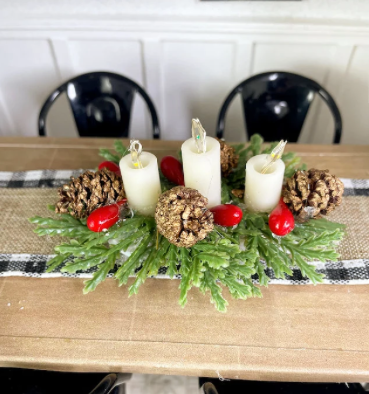 Dollhouse Christmas Table Centerpiece with Lights, Miniature Candles