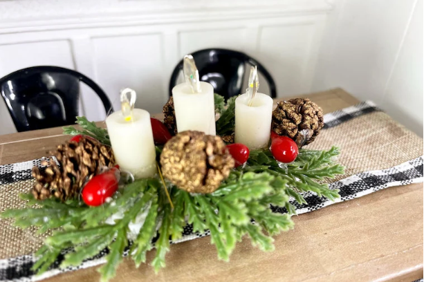 Dollhouse Christmas Table Centerpiece with Lights, Miniature Candles