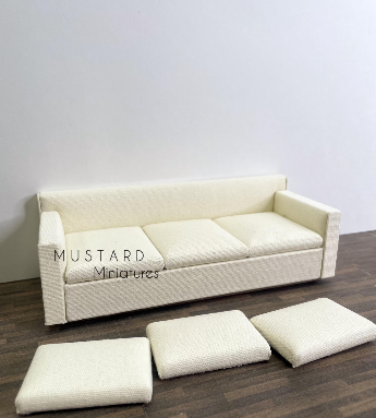Miniature Beige Sofa, Modern Dollhouse Couch 1:12 Scale