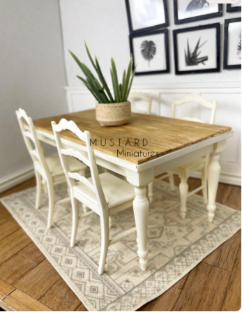Dollhouse Farmhouse Dining Table with Cream Chairs 1:12 Scale