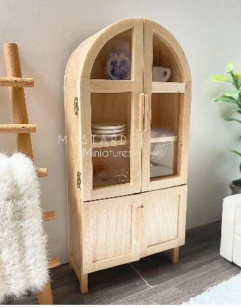 Dollhouse Display Cabinet, Natural Wood Miniature Storage, 1:12 Scale