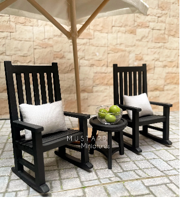 1:12 Scale Dollhouse Black Patio Rocking Chair set Furniture, Pillows included