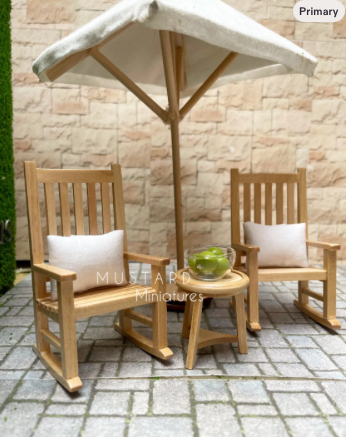 Dollhouse Patio Rocking Chair set Furniture, Pillows included 1:12 Scale. Natural Wood