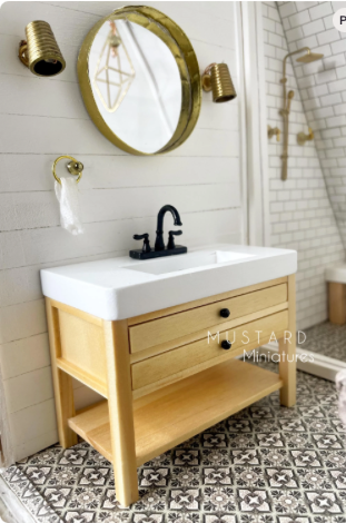 Dollhouse Miniature Single Bathroom Vanity, Black Faucet, 1:12 Scale