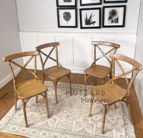 Dollhouse Dining Set, Modern Distressed X Back Chairs, Dining Table 1:12 Scale