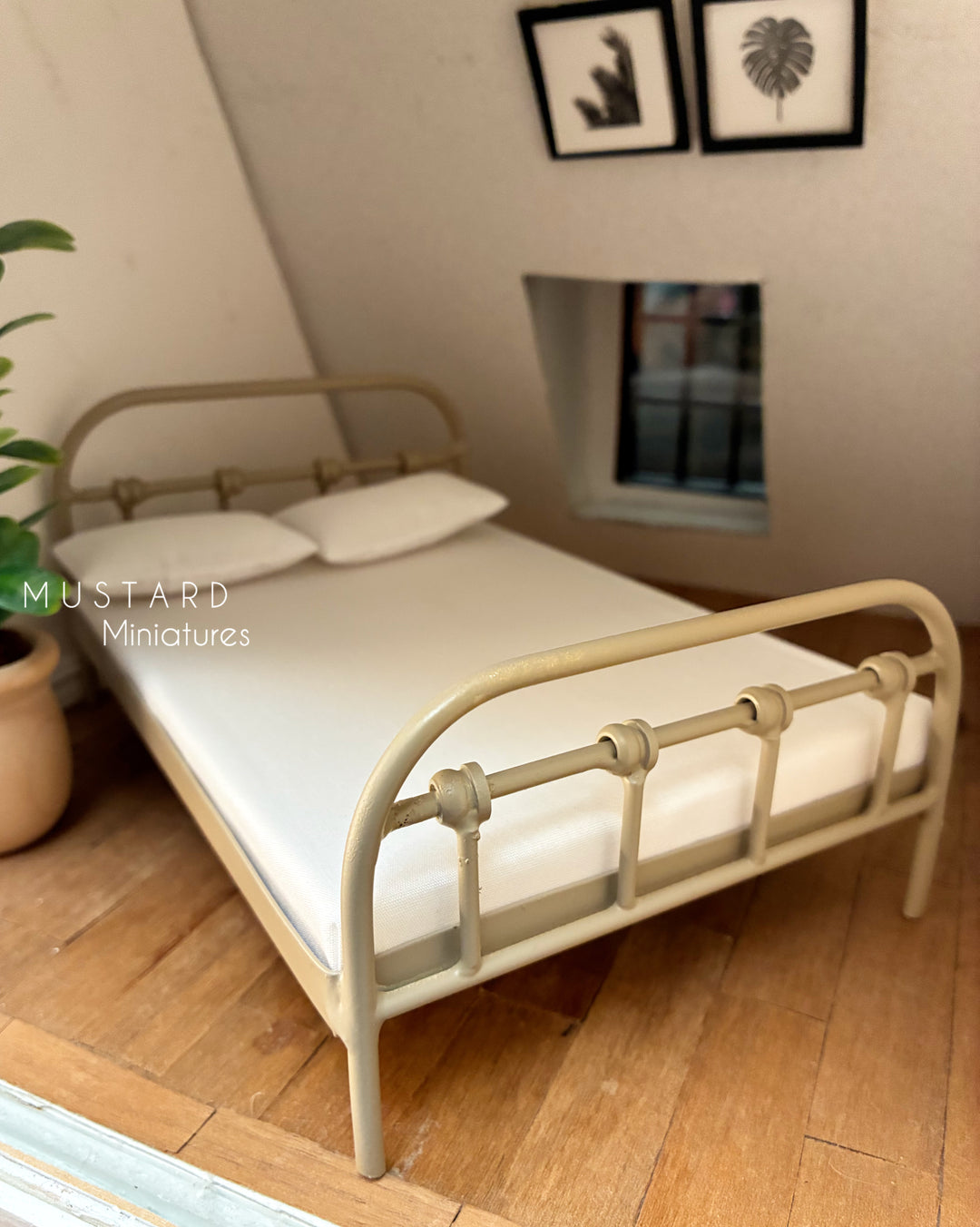 Light brown Dollhouse Bed Frame or Mattress with pillows, Modern Miniatures 1:12 Scale