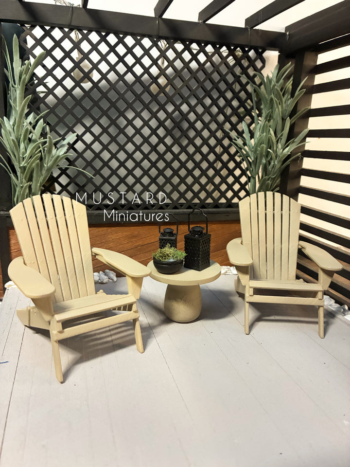 1:12 Scale Dollhouse Almond Color Adirondack Chairs or table with lantern plant