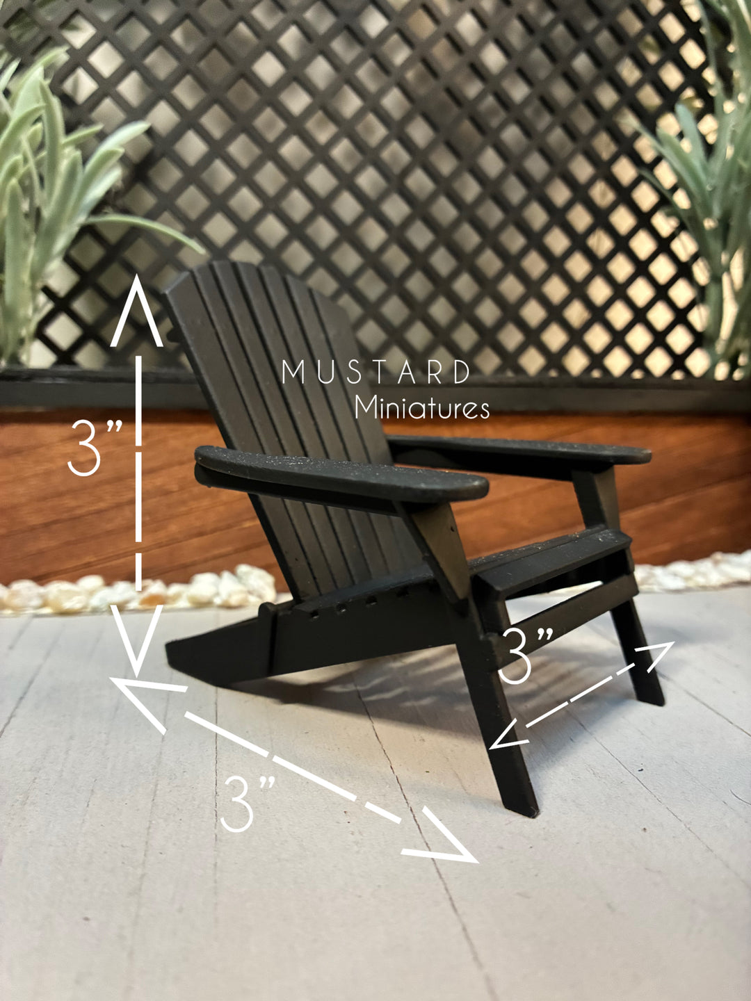 1:12 Scale Dollhouse Black Adirondack Chairs or table with lantern plant