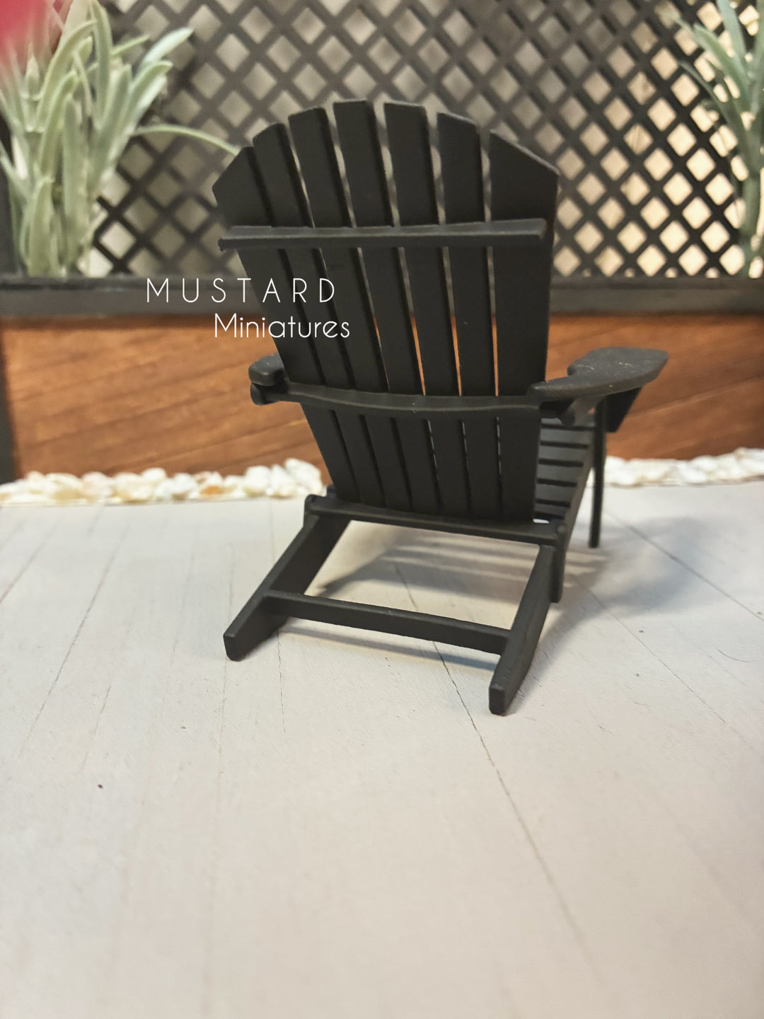 1:12 Scale Dollhouse Black Adirondack Chairs or table with lantern plant