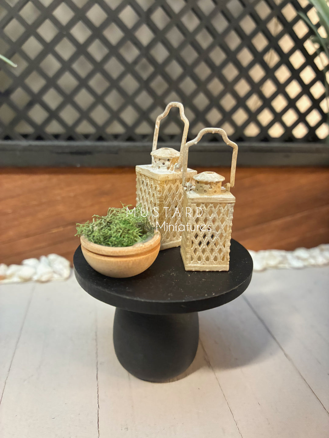 1:12 Scale Dollhouse Black Adirondack Chairs or table with lantern plant