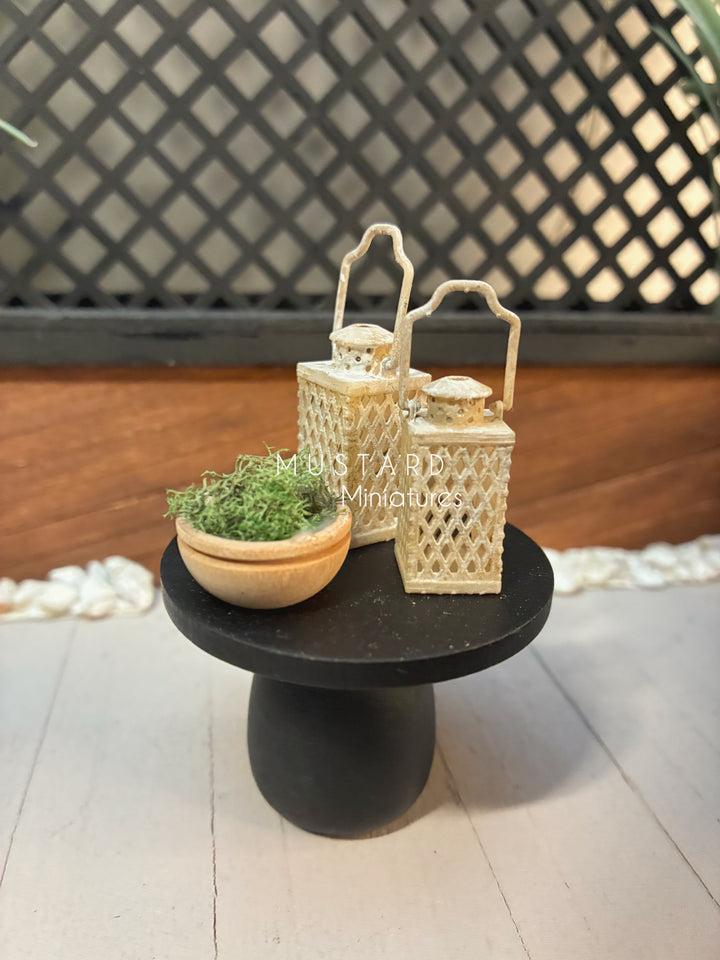 1:12 Scale Dollhouse Black Adirondack Chairs or table with lantern plant