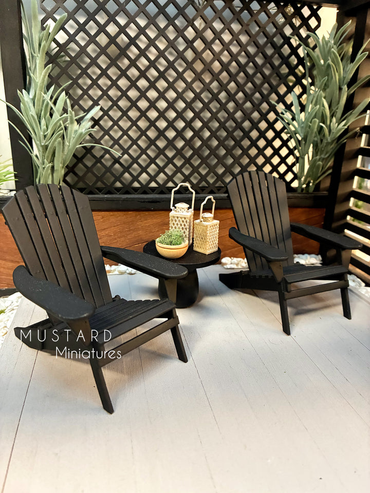 1:12 Scale Dollhouse Black Adirondack Chairs or table with lantern plant