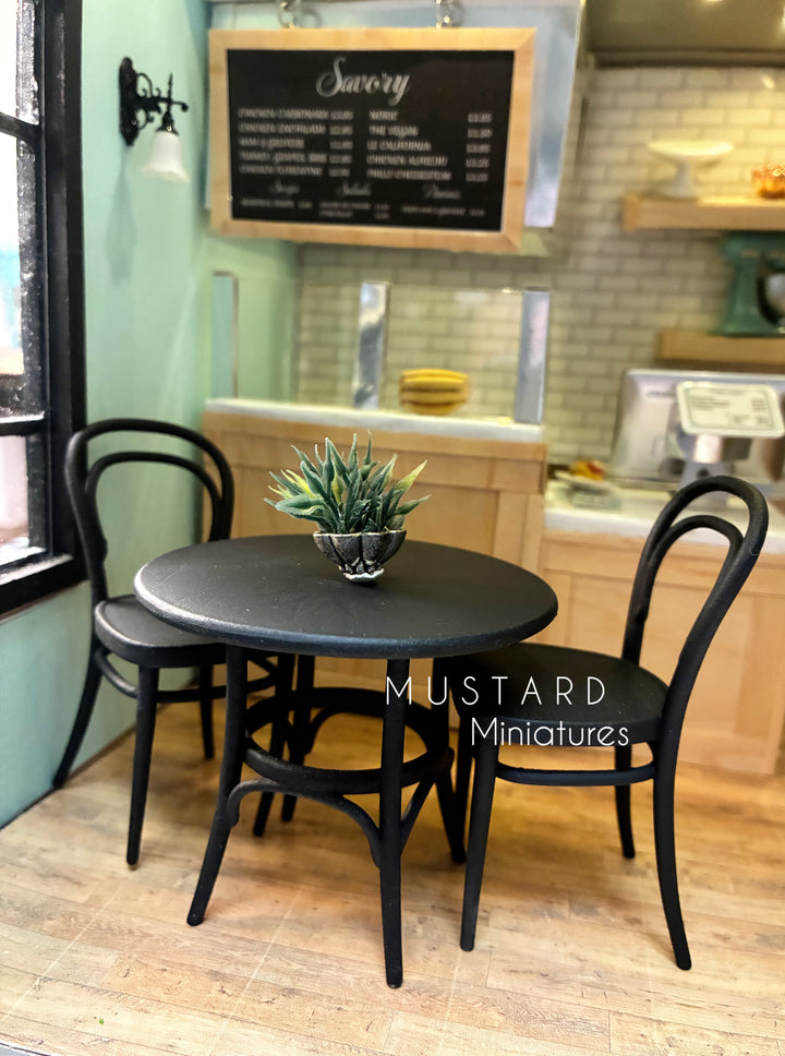 Dollhouse Dining Set, Modern Distressed French Bistro Chairs, Bistro Table in Black