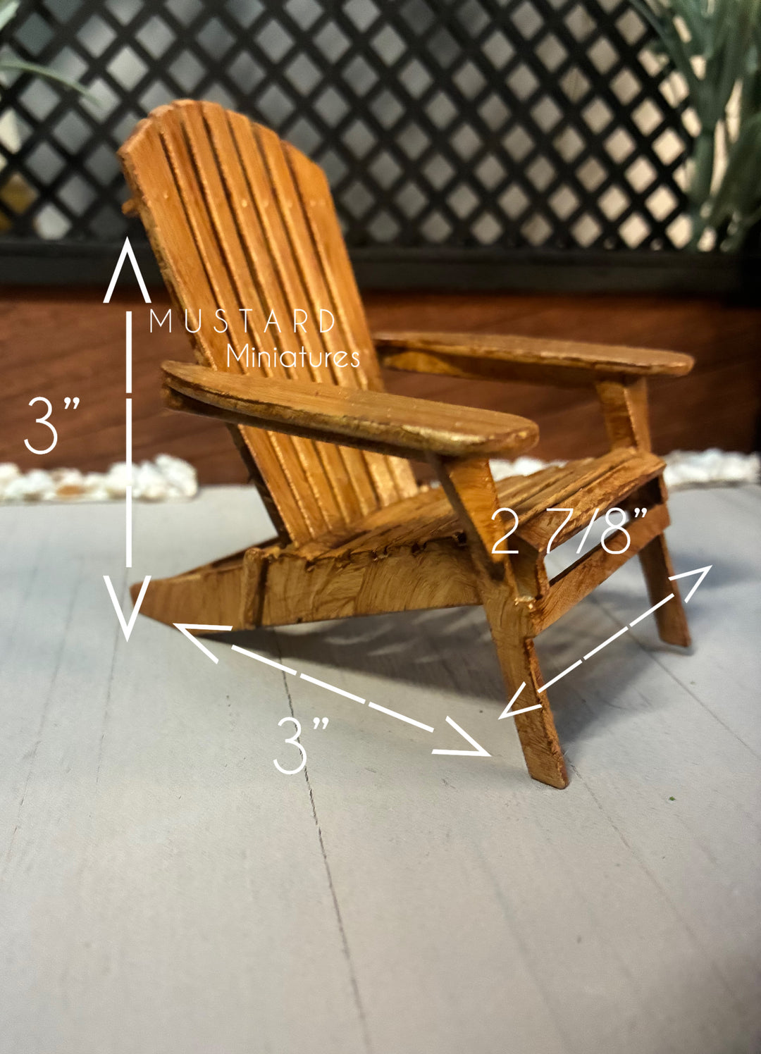 1:12 Scale Dollhouse Brown Adirondack Chairs or table with lantern plant