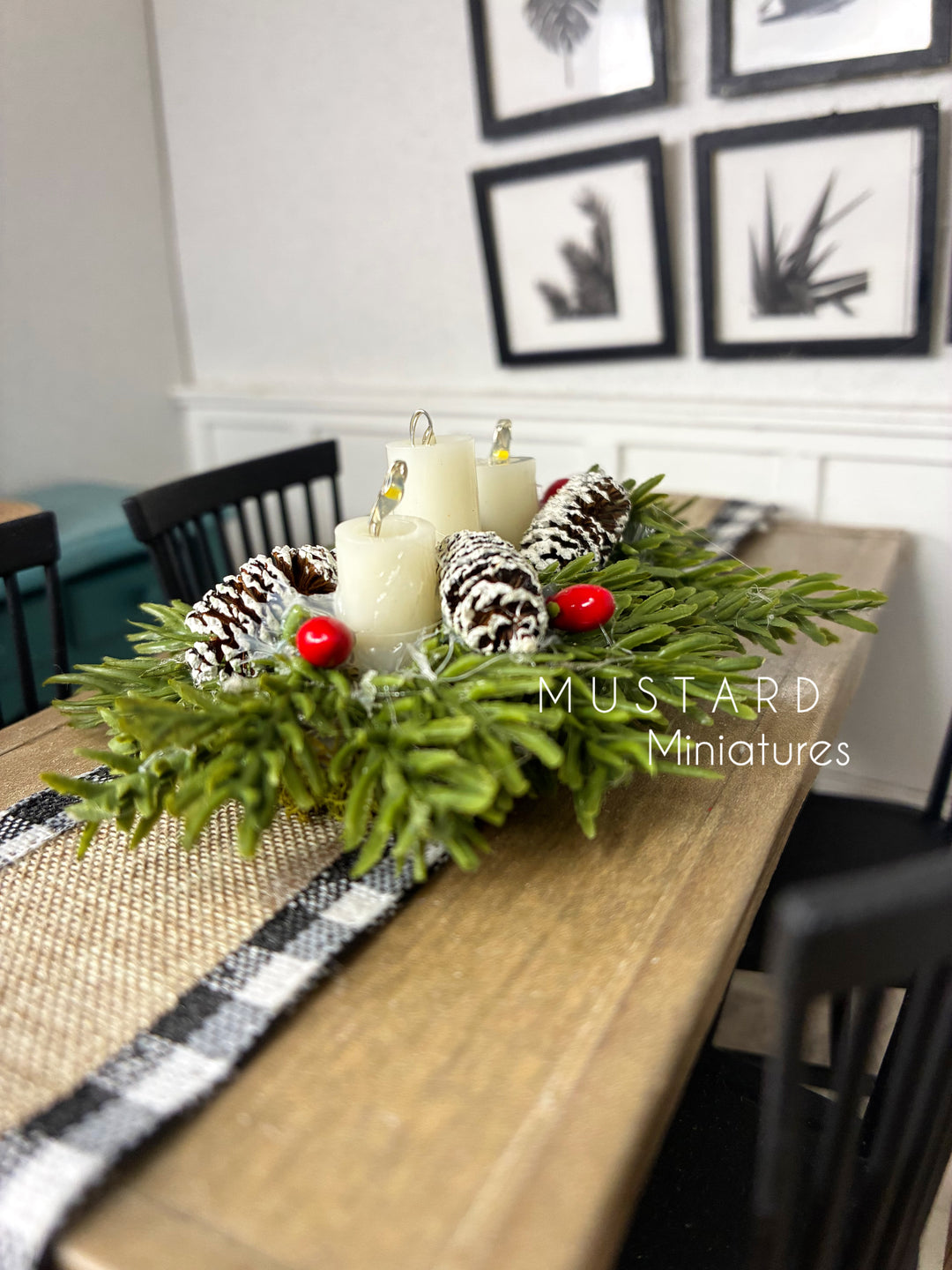 Dollhouse Christmas Table Centerpiece with Lights, Miniature Candles