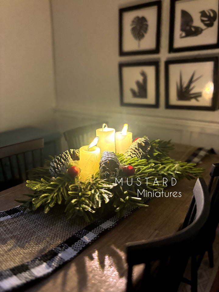 Dollhouse Christmas Table Centerpiece with Lights, Miniature Candles