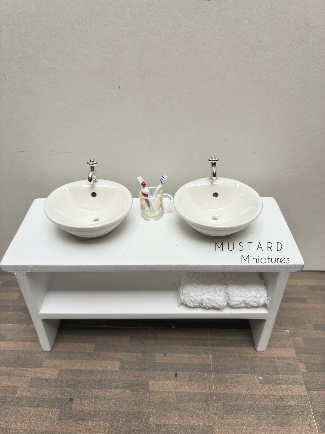 Dollhouse Double Vanity, White Sink, Silver hardware 1:12 Scale