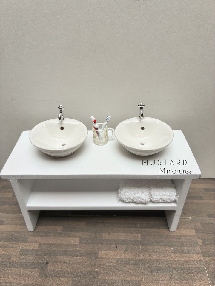 Dollhouse Double Vanity, White Sink, Silver hardware 1:12 Scale