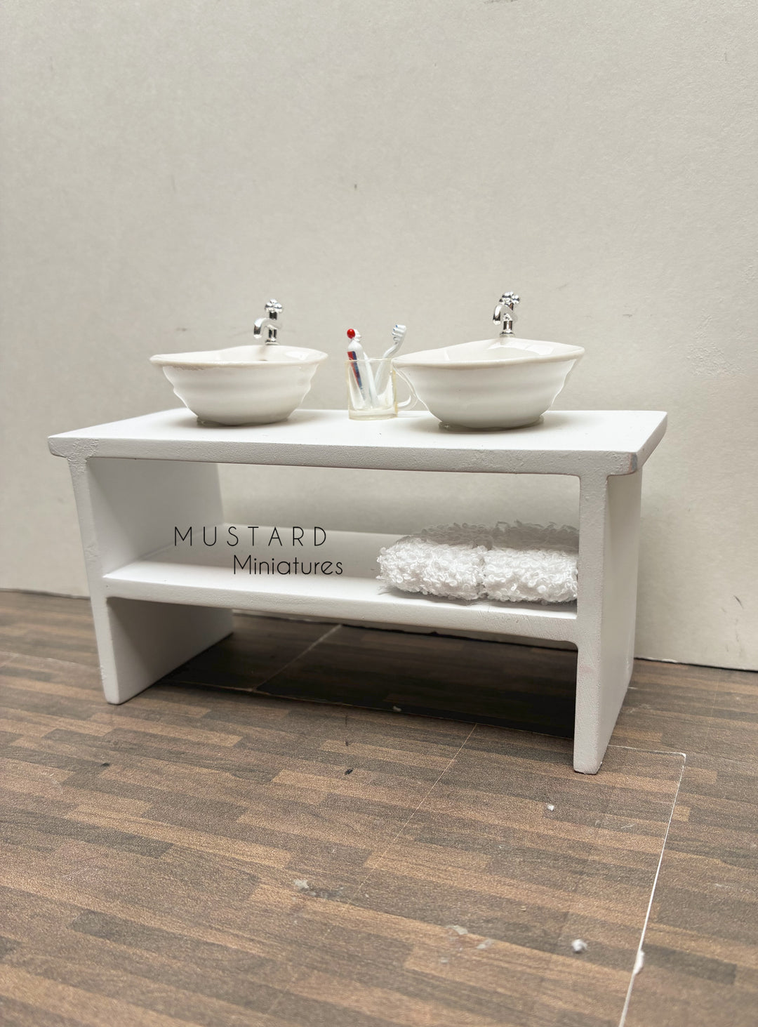 Dollhouse Double Vanity, White Sink, Silver hardware 1:12 Scale