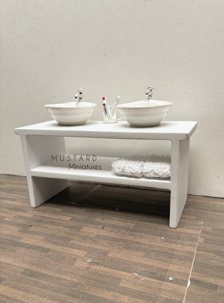 Dollhouse Double Vanity, White Sink, Silver hardware 1:12 Scale