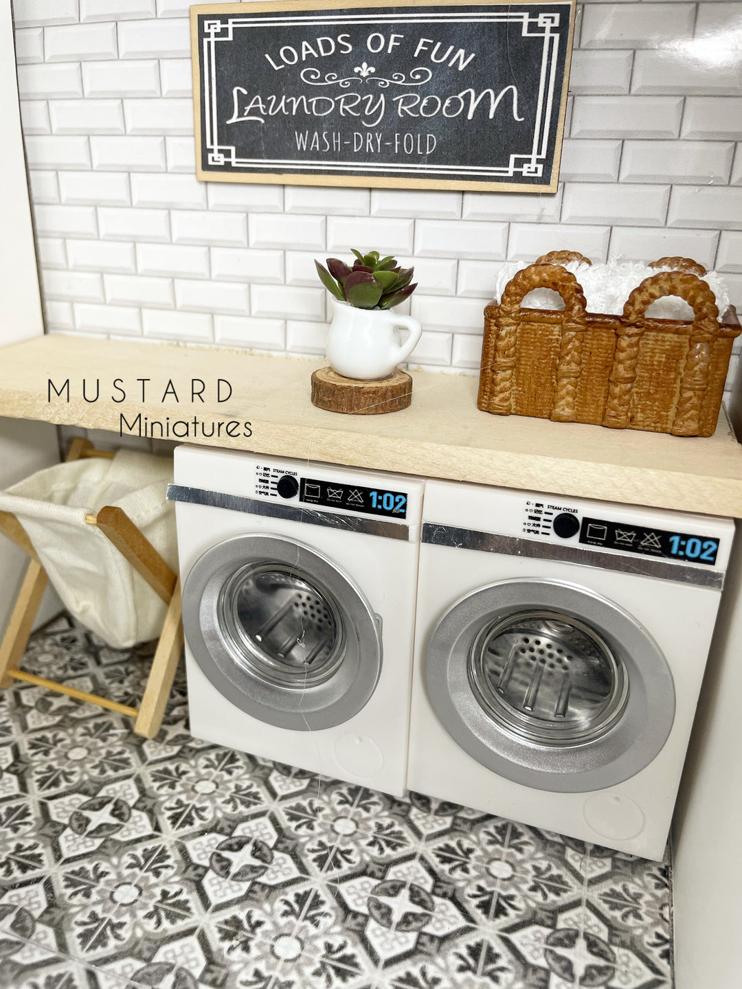 Dollhouse Laundry Room Accessories: Basket, Plant, Sign