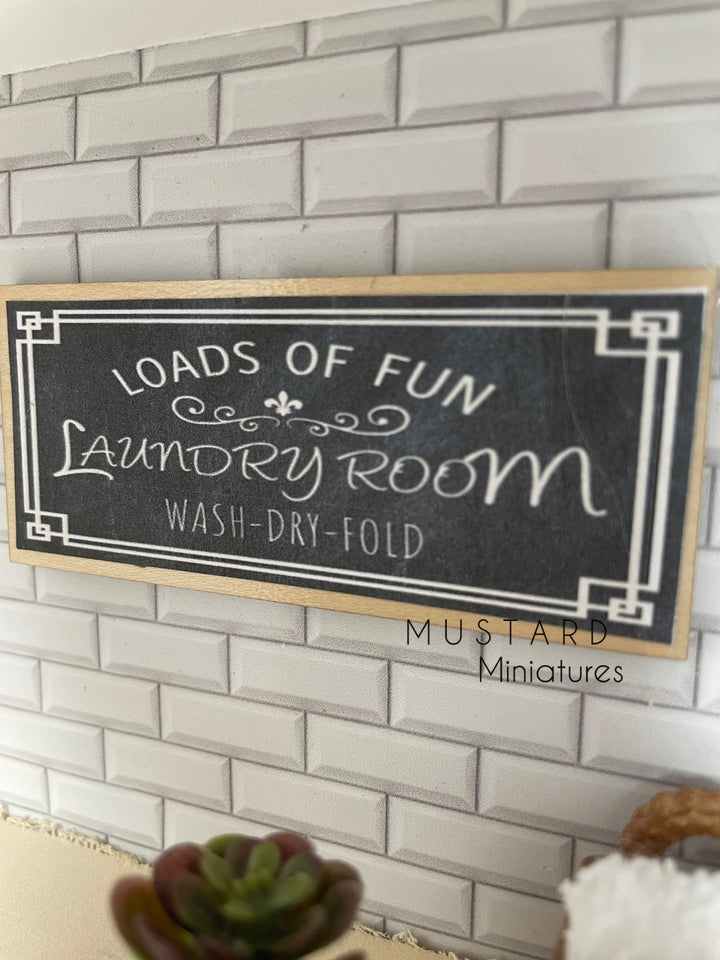 Dollhouse Laundry Room Accessories: Basket, Plant, Sign