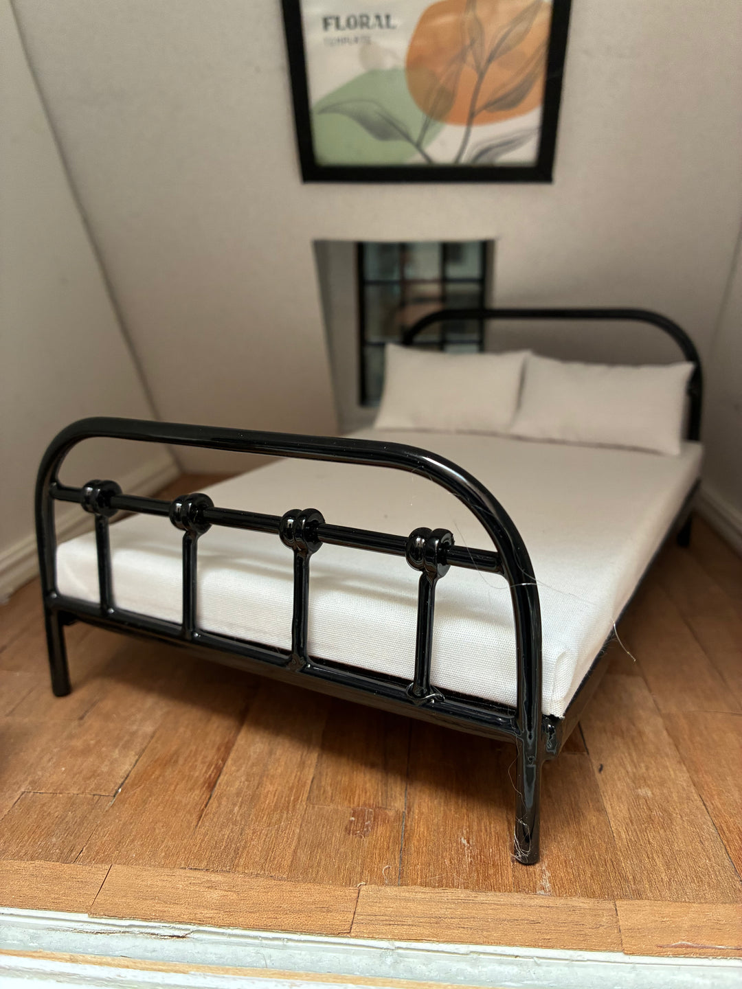 1:12 Scale Dollhouse Farmhouse Black Bed Frame or Mattress w/pillows