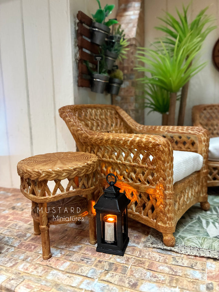 1:12 Scale Dollhouse 3D Wicker Patio Furniture or Tables, Brown Beige