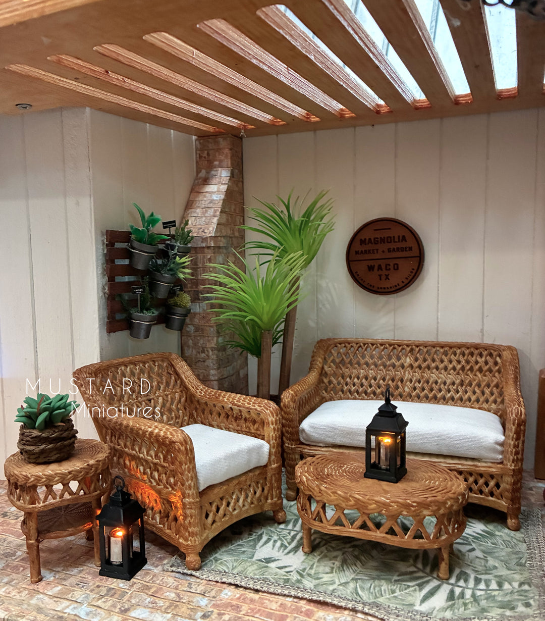 1:12 Scale Dollhouse 3D Wicker Patio Furniture or Tables, Brown Beige
