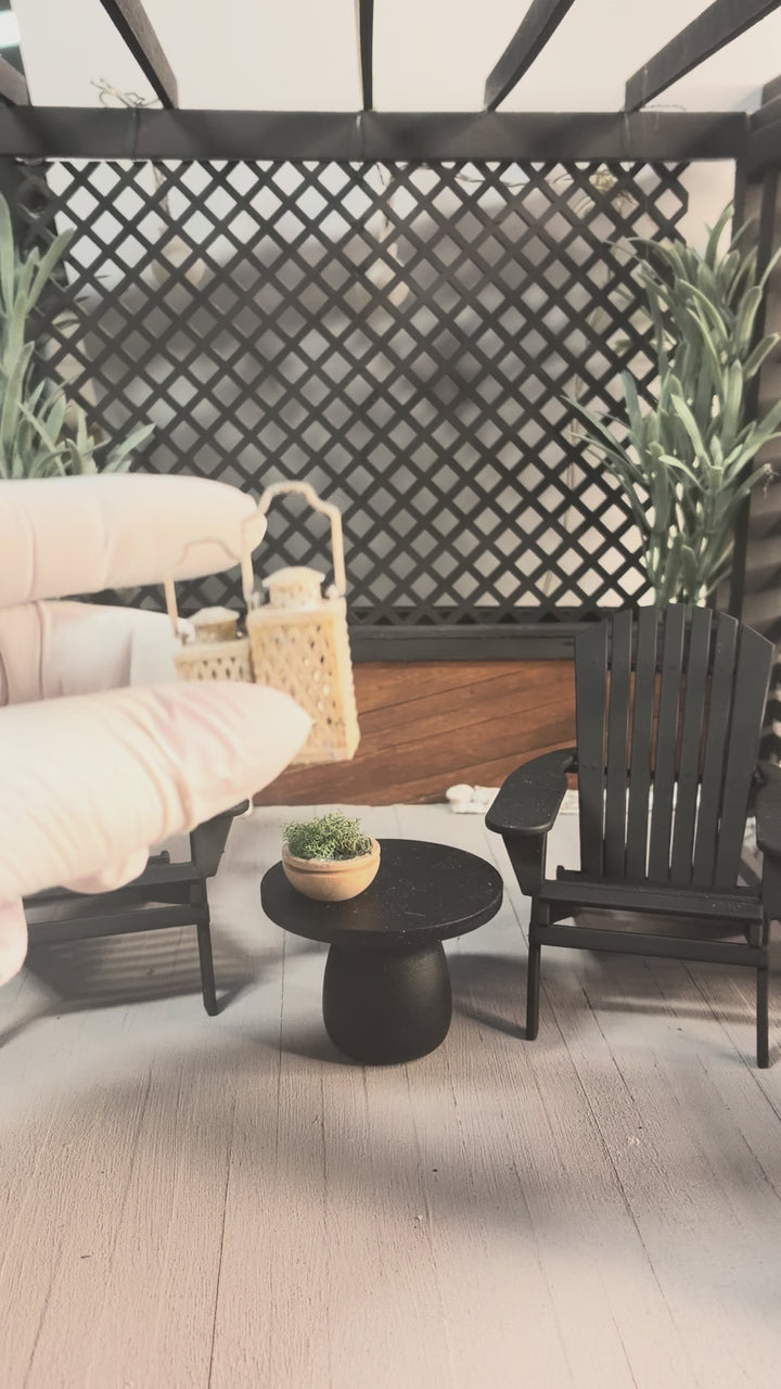 1:12 Scale Dollhouse Black Adirondack Chairs or table with lantern plant