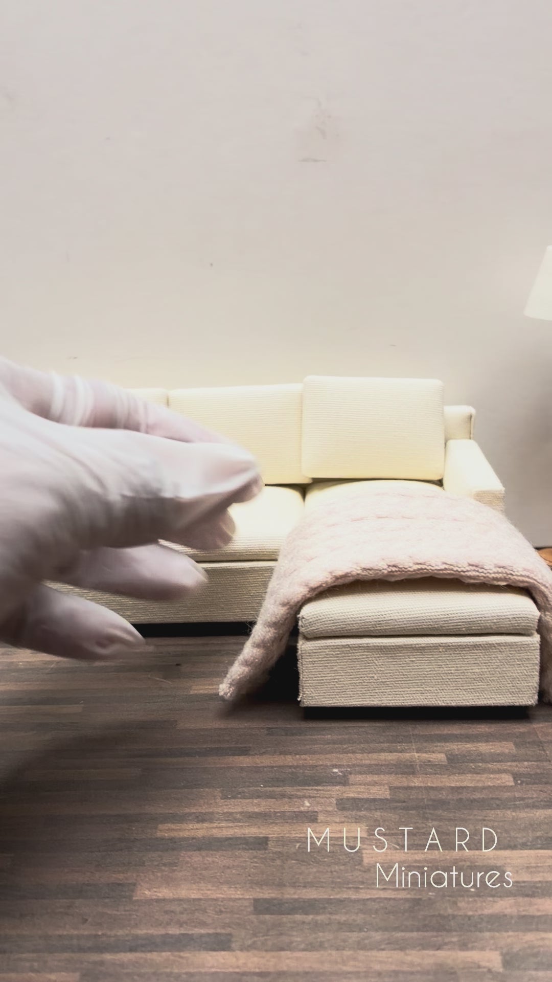 Dollhouse Miniature, Beige Sectional Sofa, Lamp or Knit Throw 1:12 Scale
