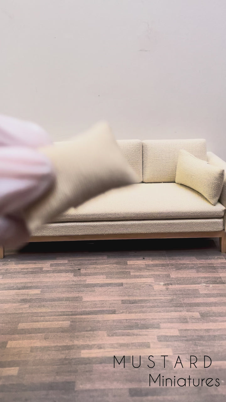 1:12 Scale Miniature Beige Brown Sofa with pillows, Modern Dollhouse Couch