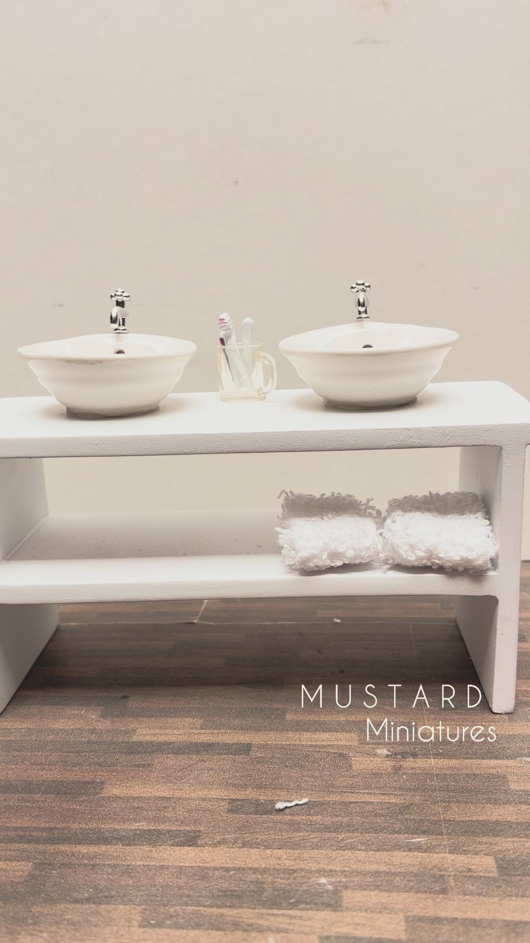 Dollhouse Double Vanity, White Sink, Silver hardware 1:12 Scale
