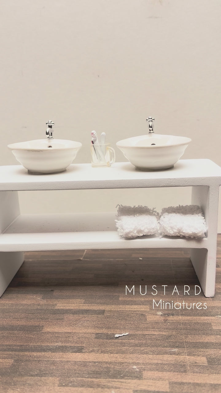 Dollhouse Double Vanity, White Sink, Silver hardware 1:12 Scale