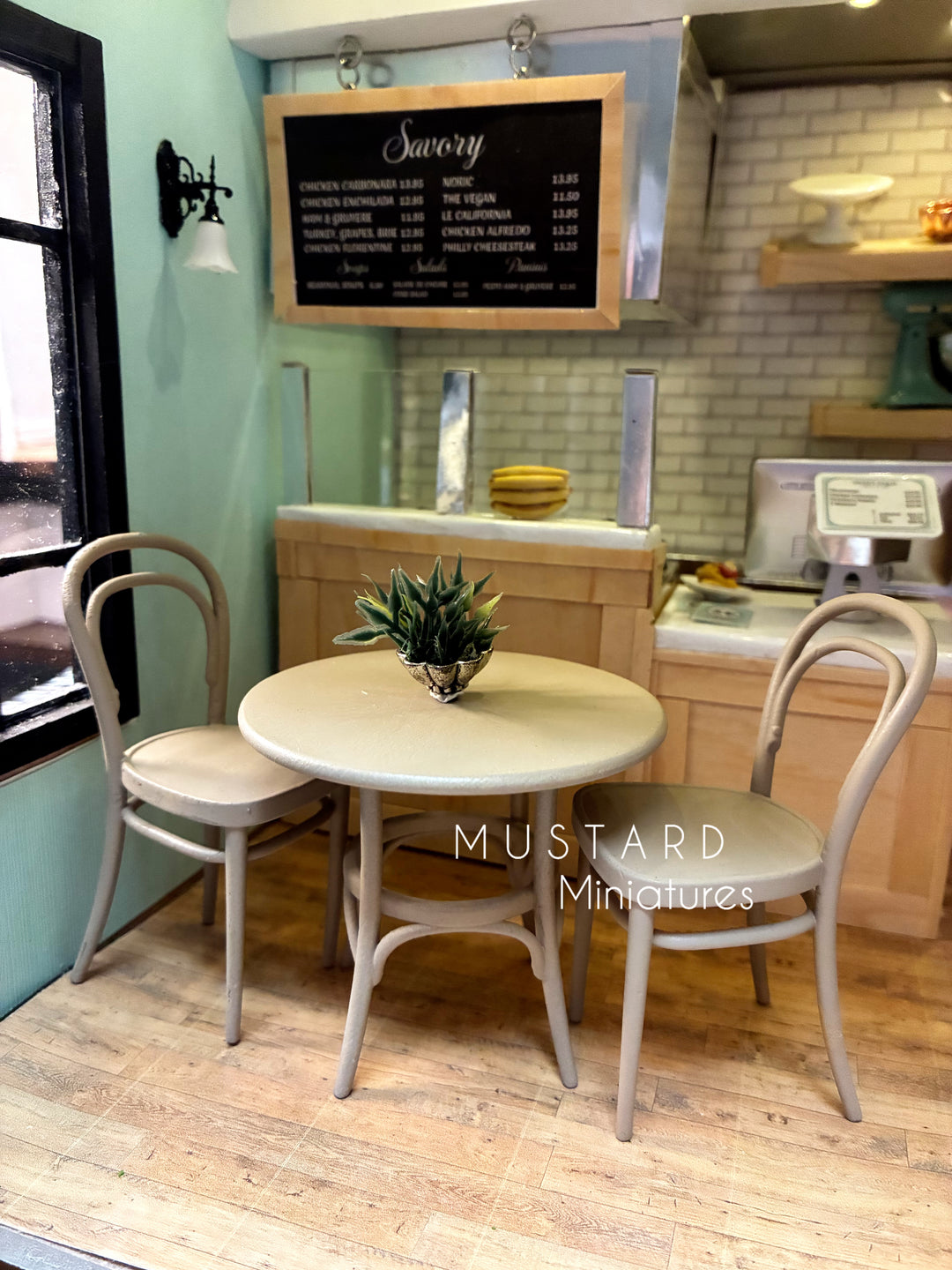 Dollhouse Dining Set, Modern Distressed French Bistro Chairs, Bistro Table. Light Brown