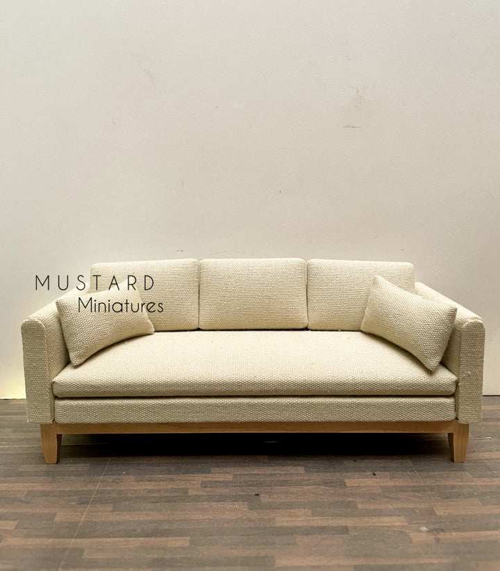 1:12 Scale Miniature Beige Brown Sofa with pillows, Modern Dollhouse Couch
