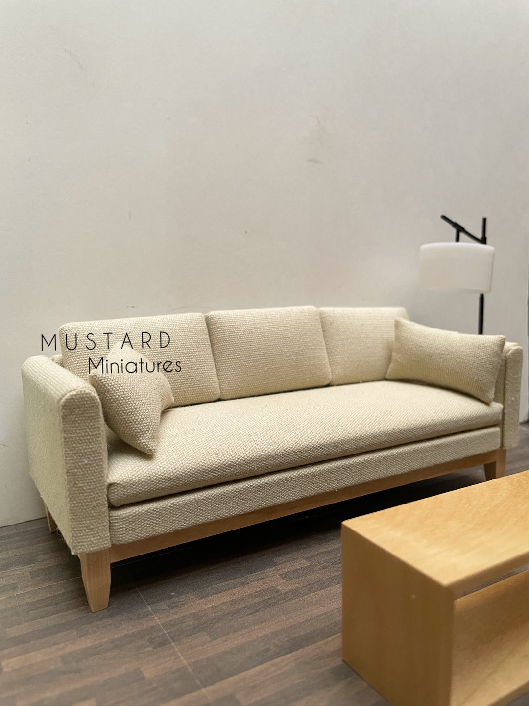 1:12 Scale Miniature Beige Brown Sofa with pillows, Modern Dollhouse Couch