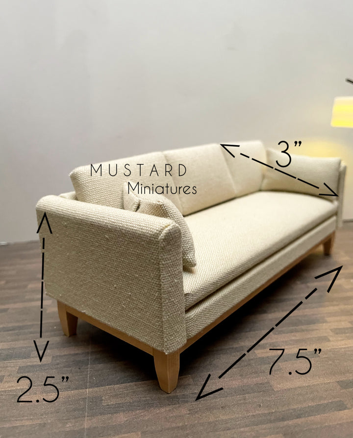 1:12 Scale Miniature Beige Brown Sofa with pillows, Modern Dollhouse Couch
