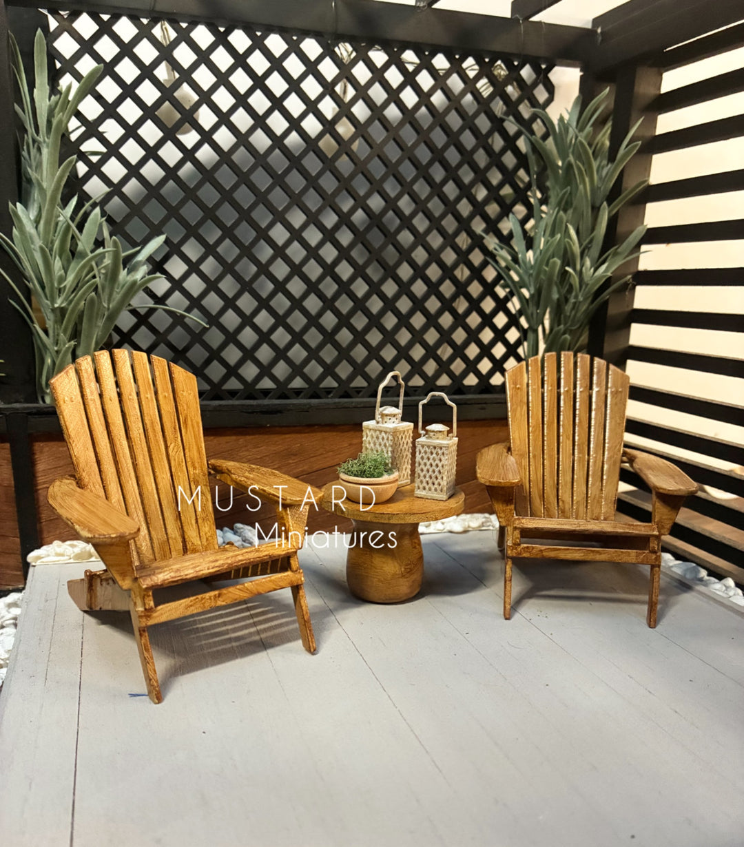1:12 Scale Dollhouse Brown Adirondack Chairs or table with lantern plant